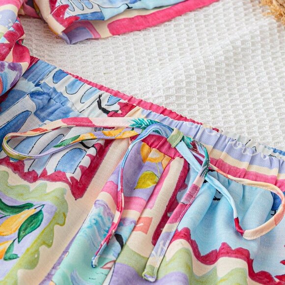 Multicolor Boho Women's Tropical Print Shirt & Pants Set - Picture 5 of 6